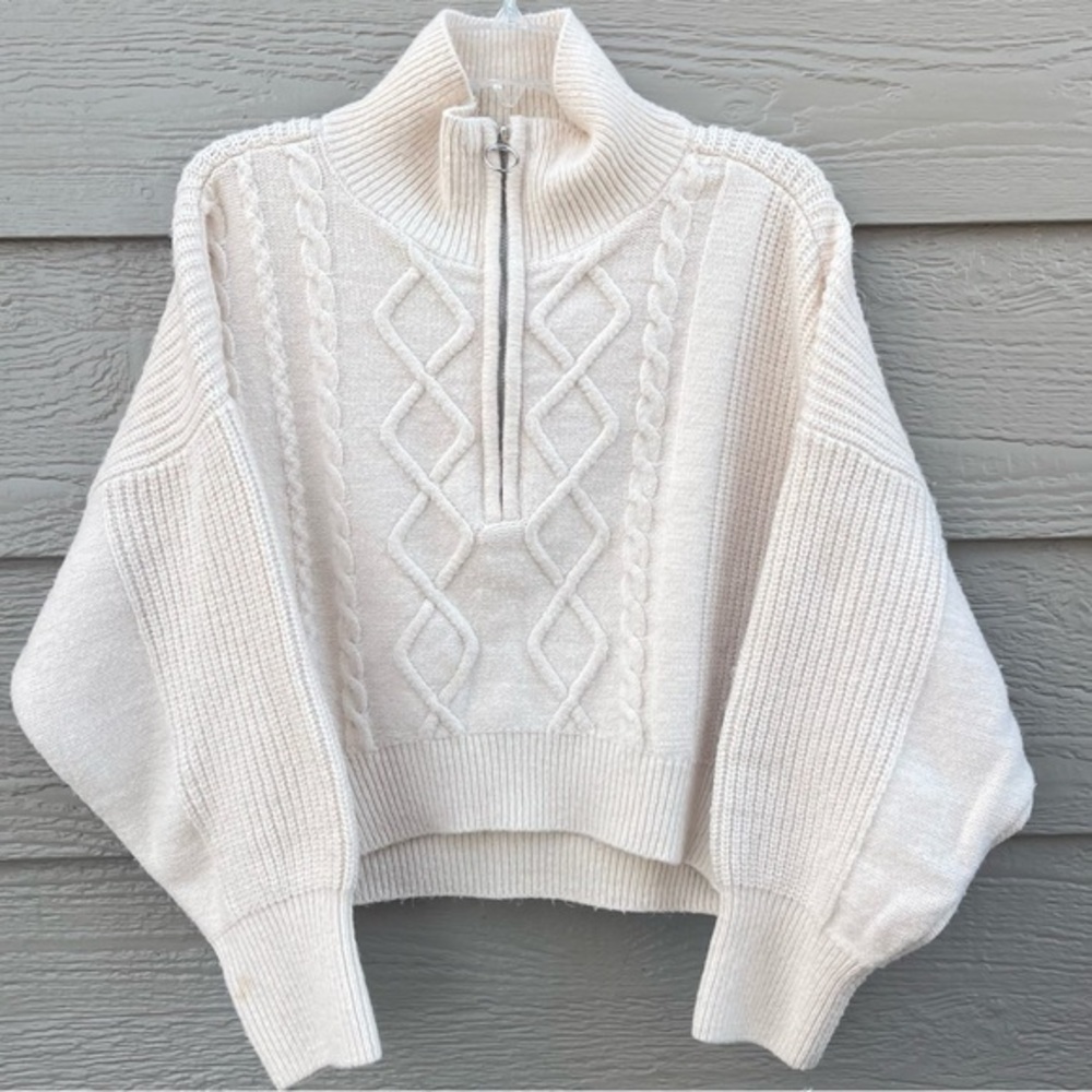 Urban Outfitters Cream Sweater Medium 1/4 Zip Dolman Sleeve Chunky Knit Cable‎ - Picture 11 of 13